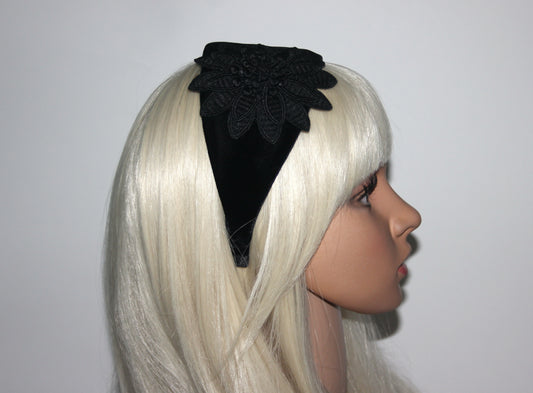 Black velvet headband with flower Extra wide floral hairband scarf, plastic free