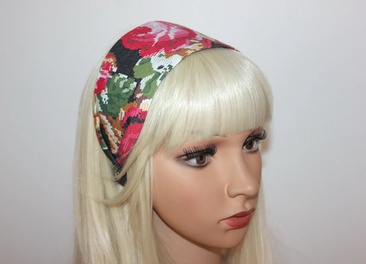 Retro headband women wide cross stitch pattern hairband chambray denim