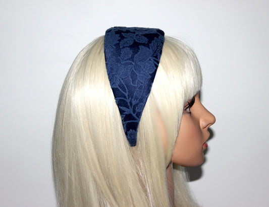 Headband women Dark Blue head scarf jacquard cotton blend satin head band preppy head accessory, plastic free