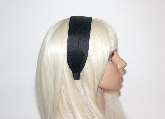 Black raw silk flat headband Handmade women hairband, adjustable, plastic free