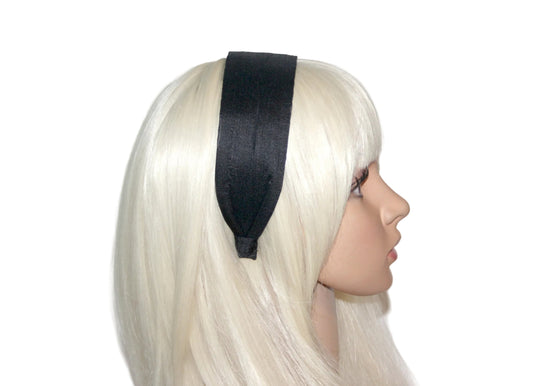Black raw silk flat headband Handmade women hairband, adjustable, plastic free