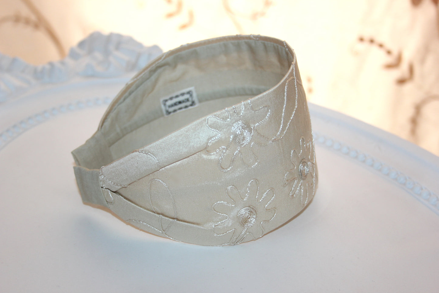 Embroidered silk headband, Beige Wide hair band Comfy headpiece
