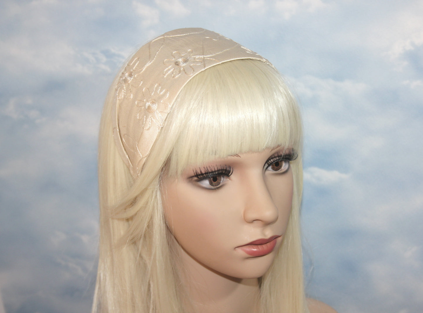 Embroidered silk headband, Beige Wide hair band Comfy headpiece