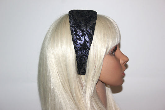Black & Silver jacquard velvet headband Damask pattern fashion hairband, plastic free