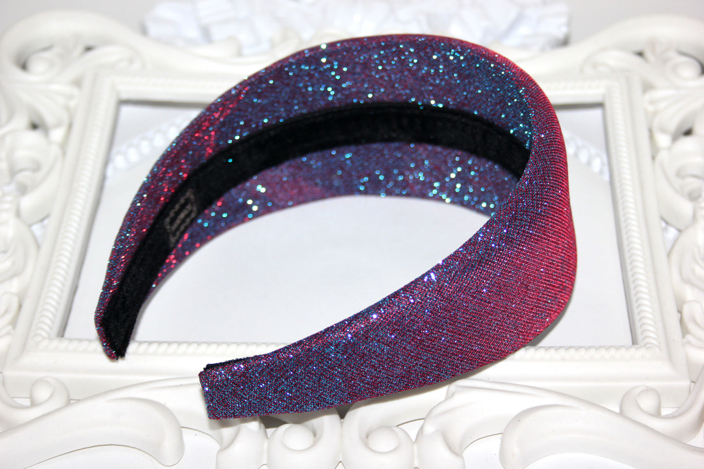 Stardust padded headband, Iridescent Purple sparkle head scarf, plastic free