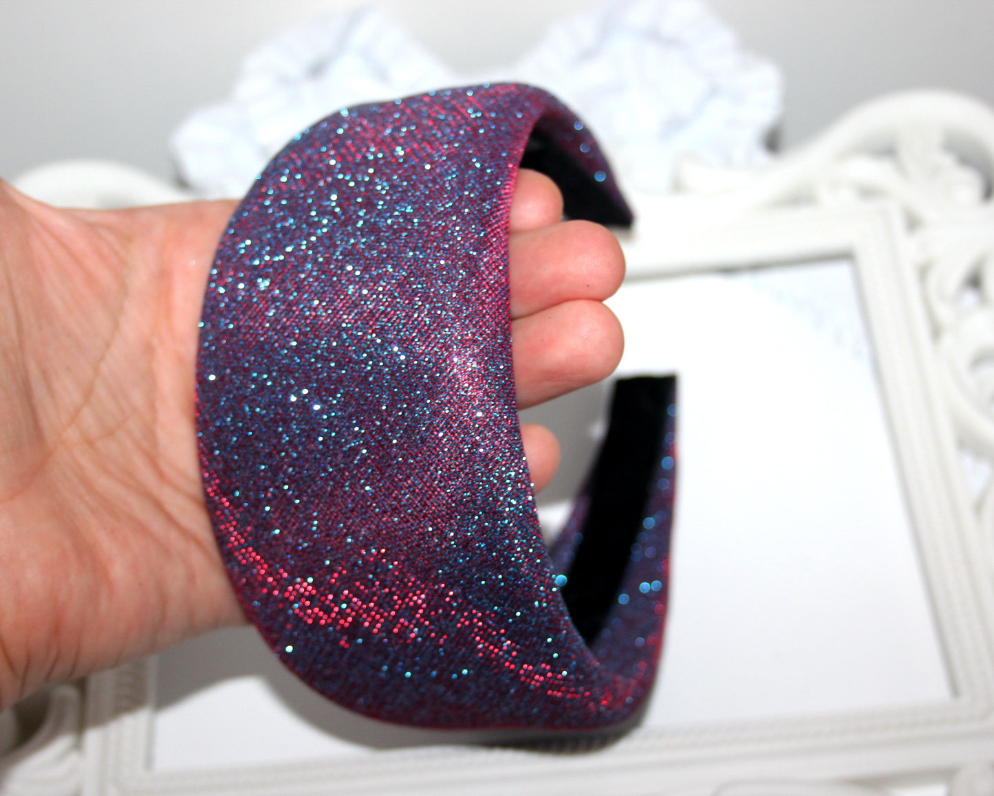 Stardust padded headband, Iridescent Purple sparkle head scarf, plastic free