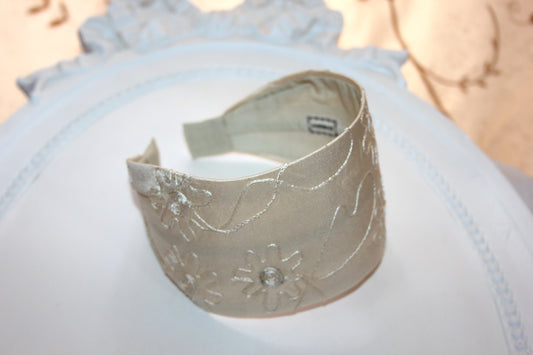 Embroidered silk headband, Beige Wide hair band Comfy headpiece