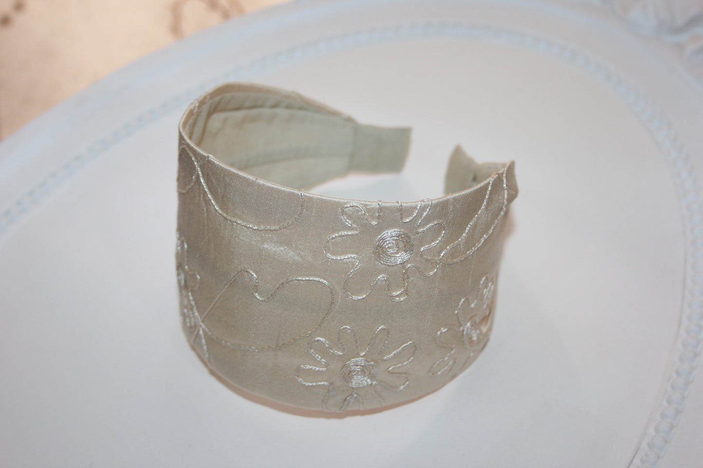 Embroidered silk headband, Beige Wide hair band Comfy headpiece