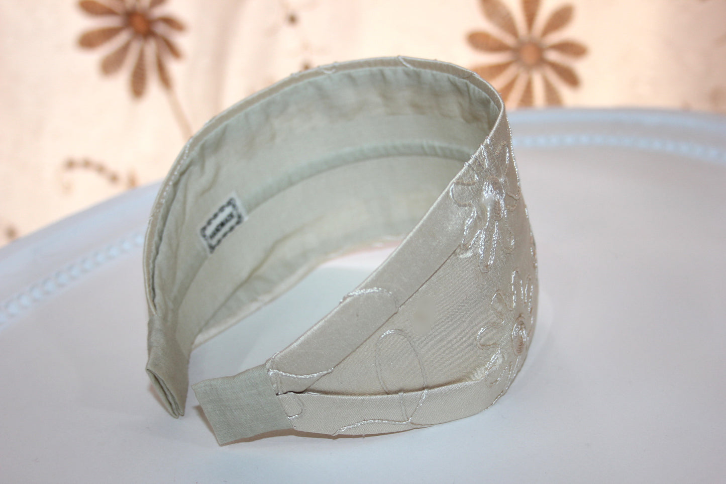 Embroidered silk headband, Beige Wide hair band Comfy headpiece