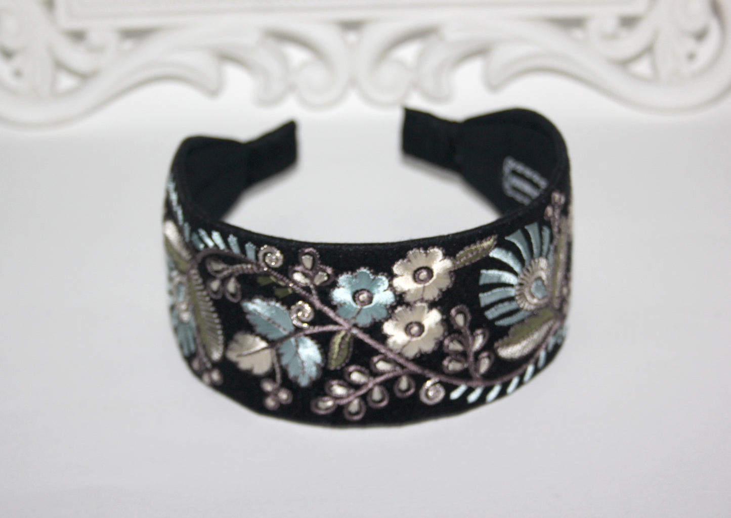 Fashion embroidered headband 2.35" inch Pastel colors Statement Black head scarf