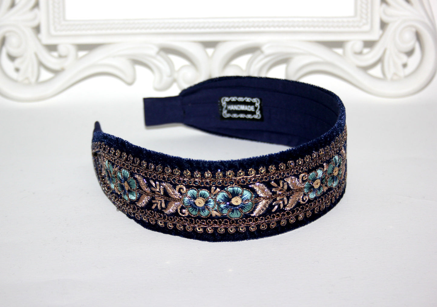 Dark Blue embroidered headband 1.6"inch Gold sequin velvet headpiece Boho hairband