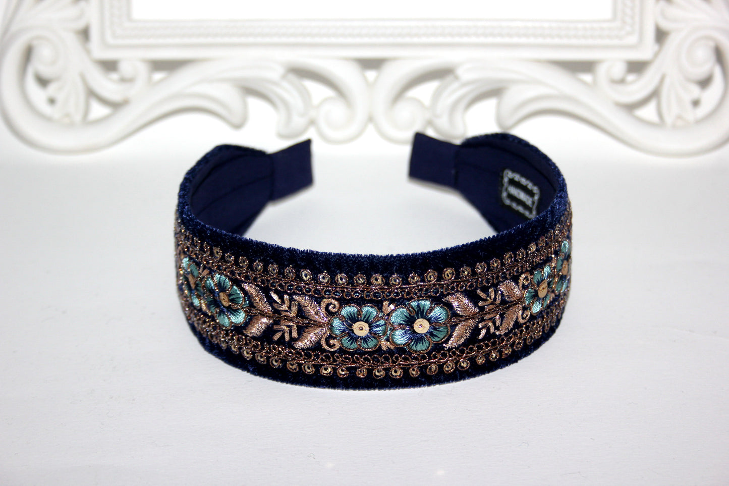 Dark Blue embroidered headband 1.6"inch Gold sequin velvet headpiece Boho hairband