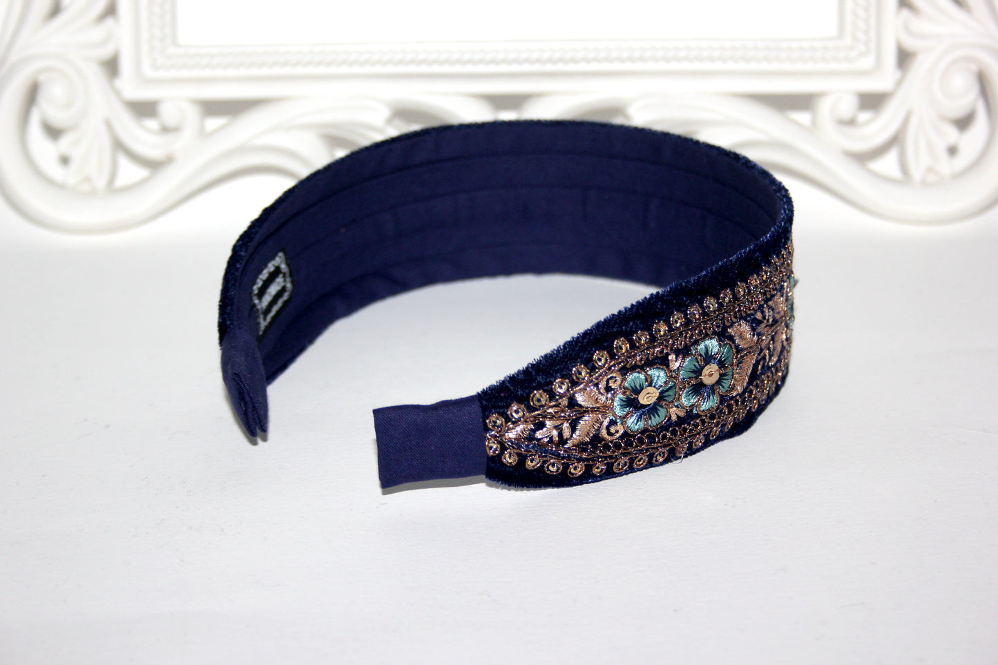 Dark Blue embroidered headband 1.6"inch Gold sequin velvet headpiece Boho hairband