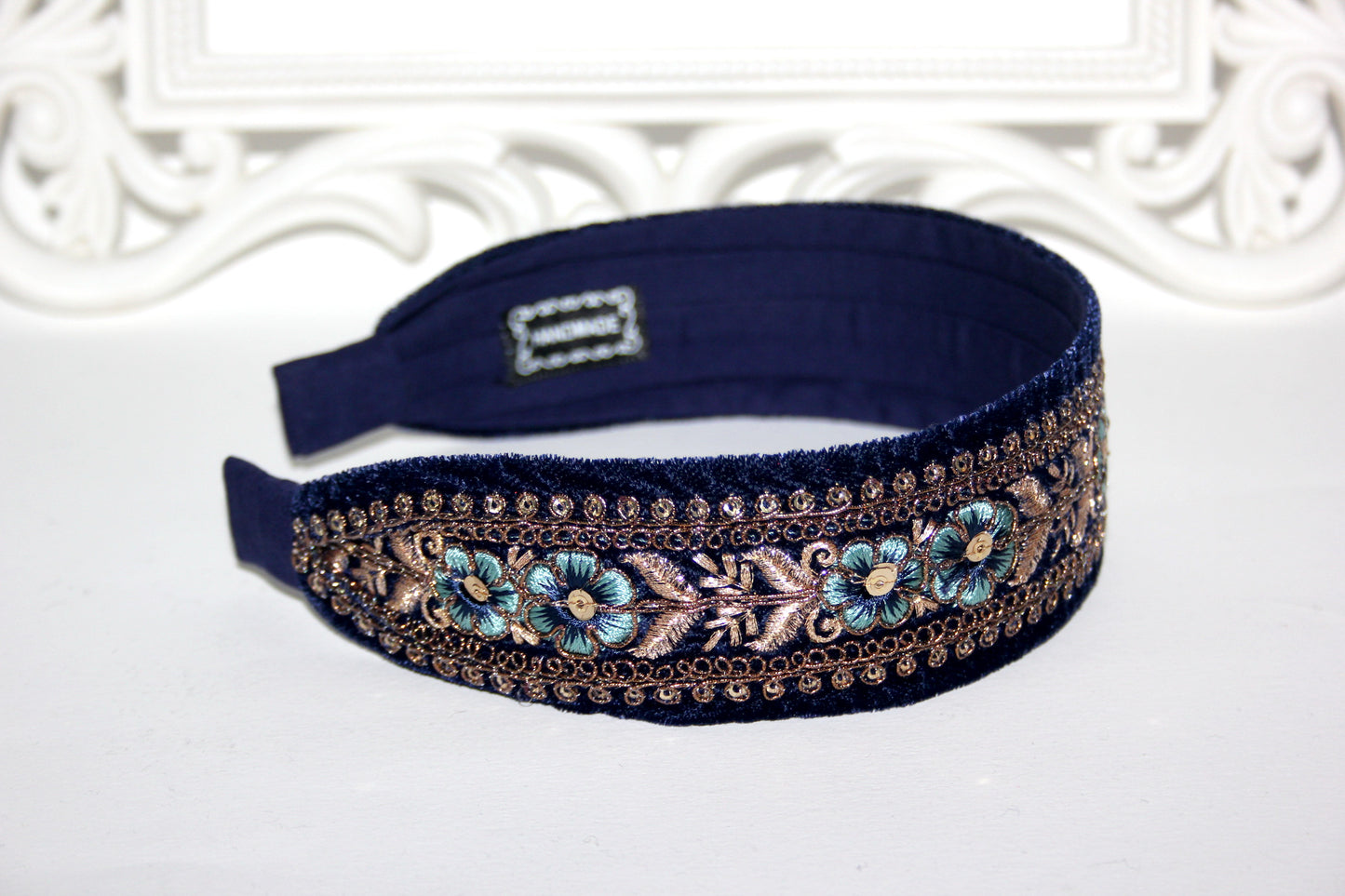 Dark Blue embroidered headband 1.6"inch Gold sequin velvet headpiece Boho hairband