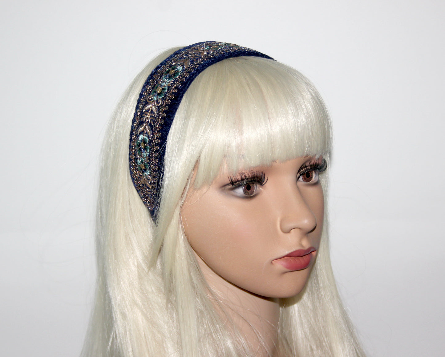 Dark Blue embroidered headband 1.6"inch Gold sequin velvet headpiece Boho hairband