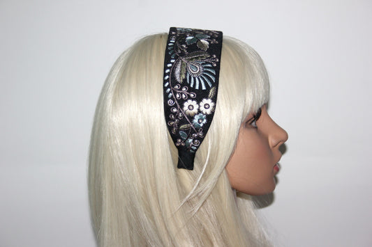 Fashion embroidered headband 2.35" inch Pastel colors Statement Black head scarf