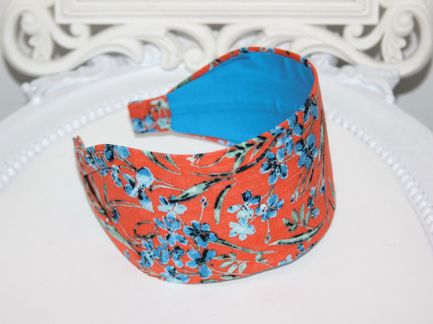 Orange linen headband for women Retro print headwrap