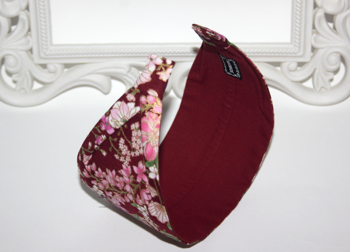 Dark Red cotton headband Pink flower print headcover
