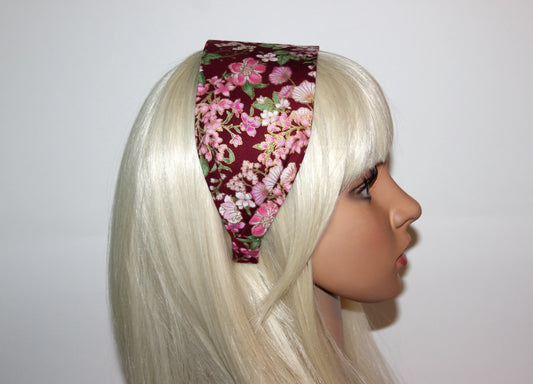 Dark Red cotton headband Pink flower print headcover