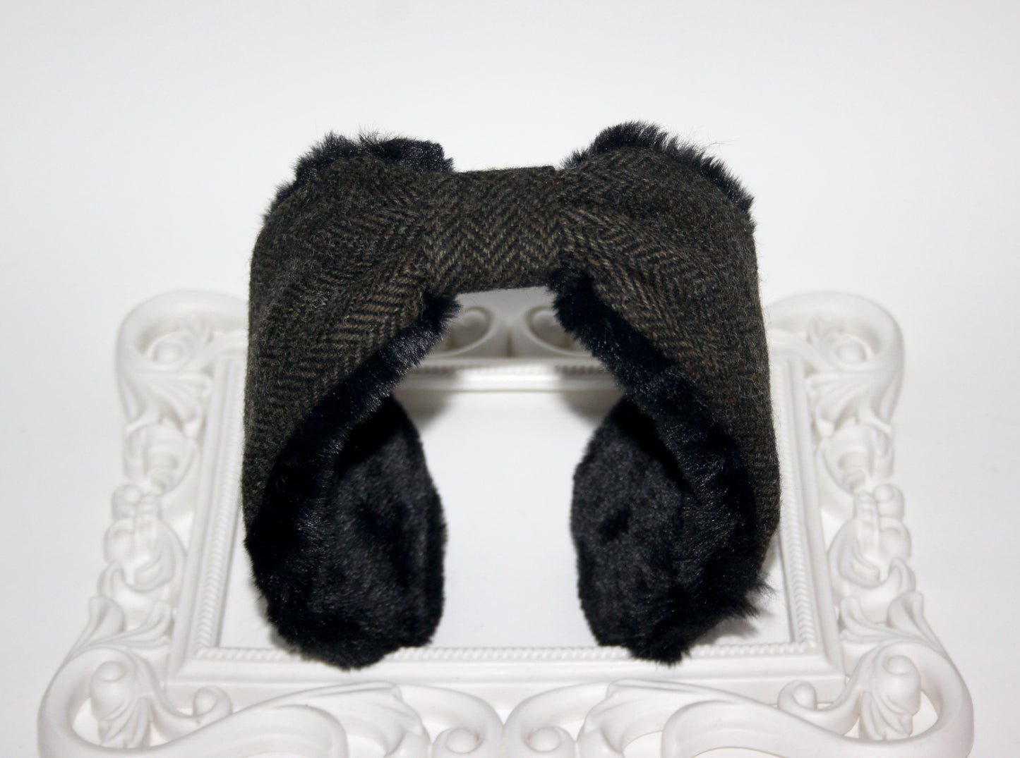 Army Green & Black earmuffs women Herringbone ear warmer faux fur comfy headband turban