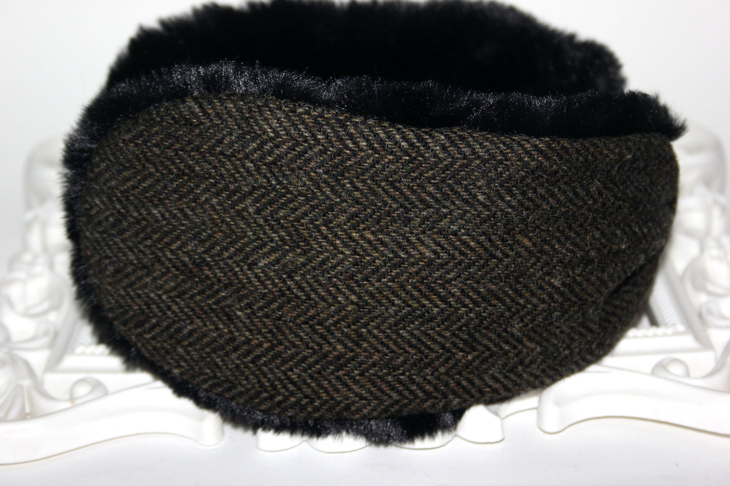 Army Green & Black earmuffs women Herringbone ear warmer faux fur comfy headband turban