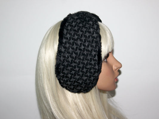 Dark Gray & Black earmuffs women Houndstooth ear warmer faux fur comfy headband