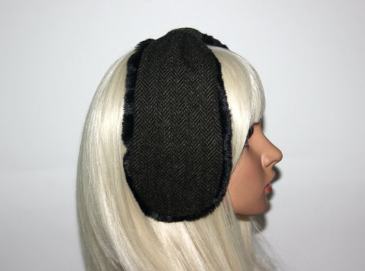 Army Green & Black earmuffs women Herringbone ear warmer faux fur comfy headband turban