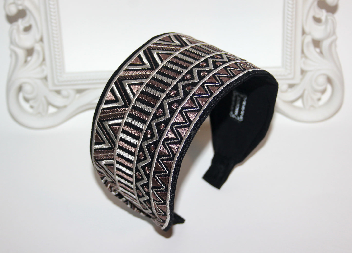 Embroidered headband 3.15 inch Brown & Black geometric pattern festival head accessory