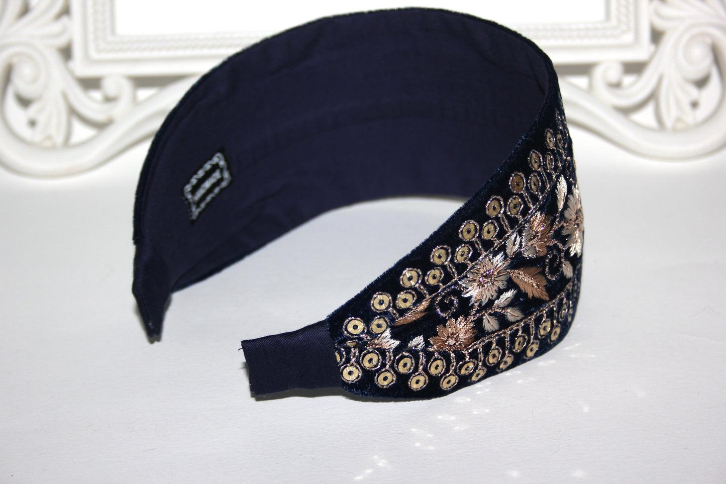 Dark Blue fashion headband 2.9" inch Embroidered sequin velvet hairband