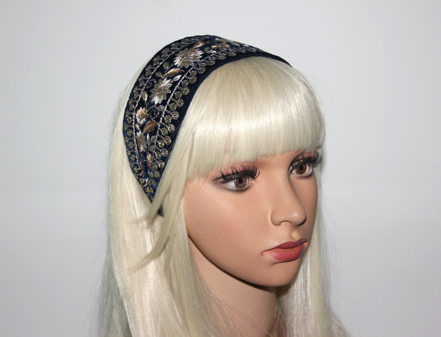 Dark Blue fashion headband 2.9" inch Embroidered sequin velvet hairband
