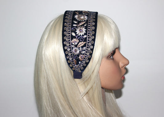 Dark Blue fashion headband 2.9" inch Embroidered sequin velvet hairband