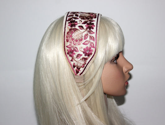 Beige & Wine Red embroidered headband for women 3" inch statement wide hairband