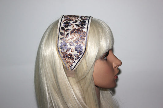 Fashion embroidered headband for women 3" inch Beige & Gray statement wide hairband