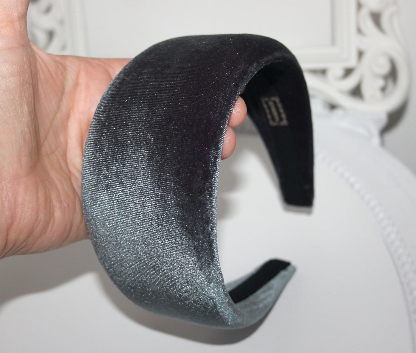 Gray Padded velvet headband, Elegant head cover, plastic free