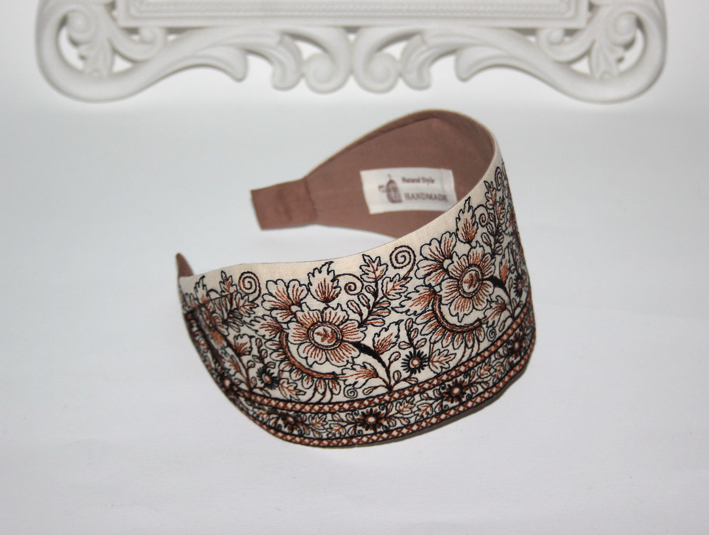 Brown flower headband for women Embroidered 3.15'' inch wide hairband festival boho head wrap