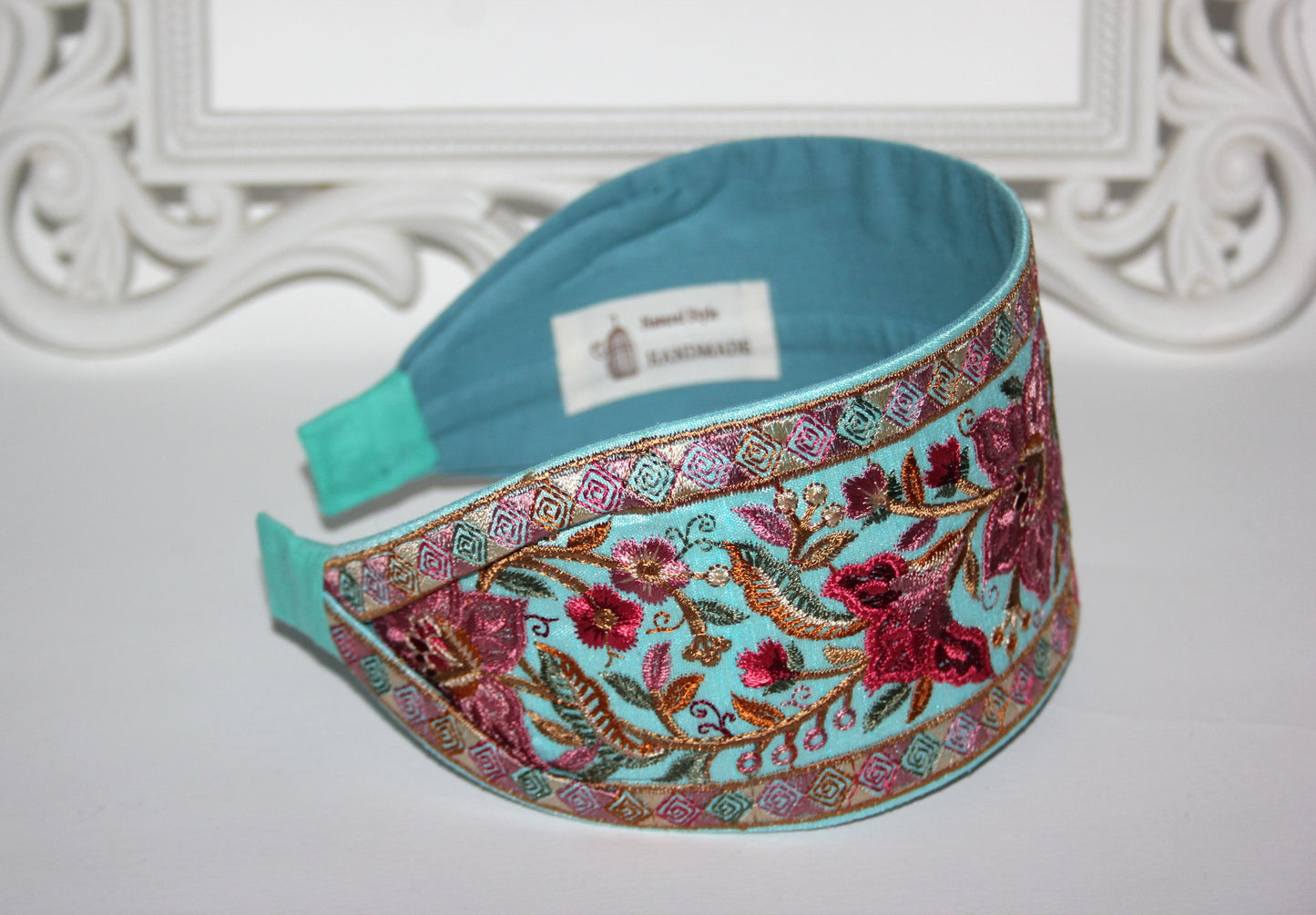 Embroidered headband 3.15"inch Aqua Blue & Red Elegant boho head wrap