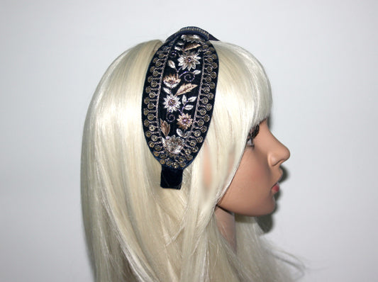 Embroidered headband 2.75''inch Dark Blue & Gold silk velvet hairband