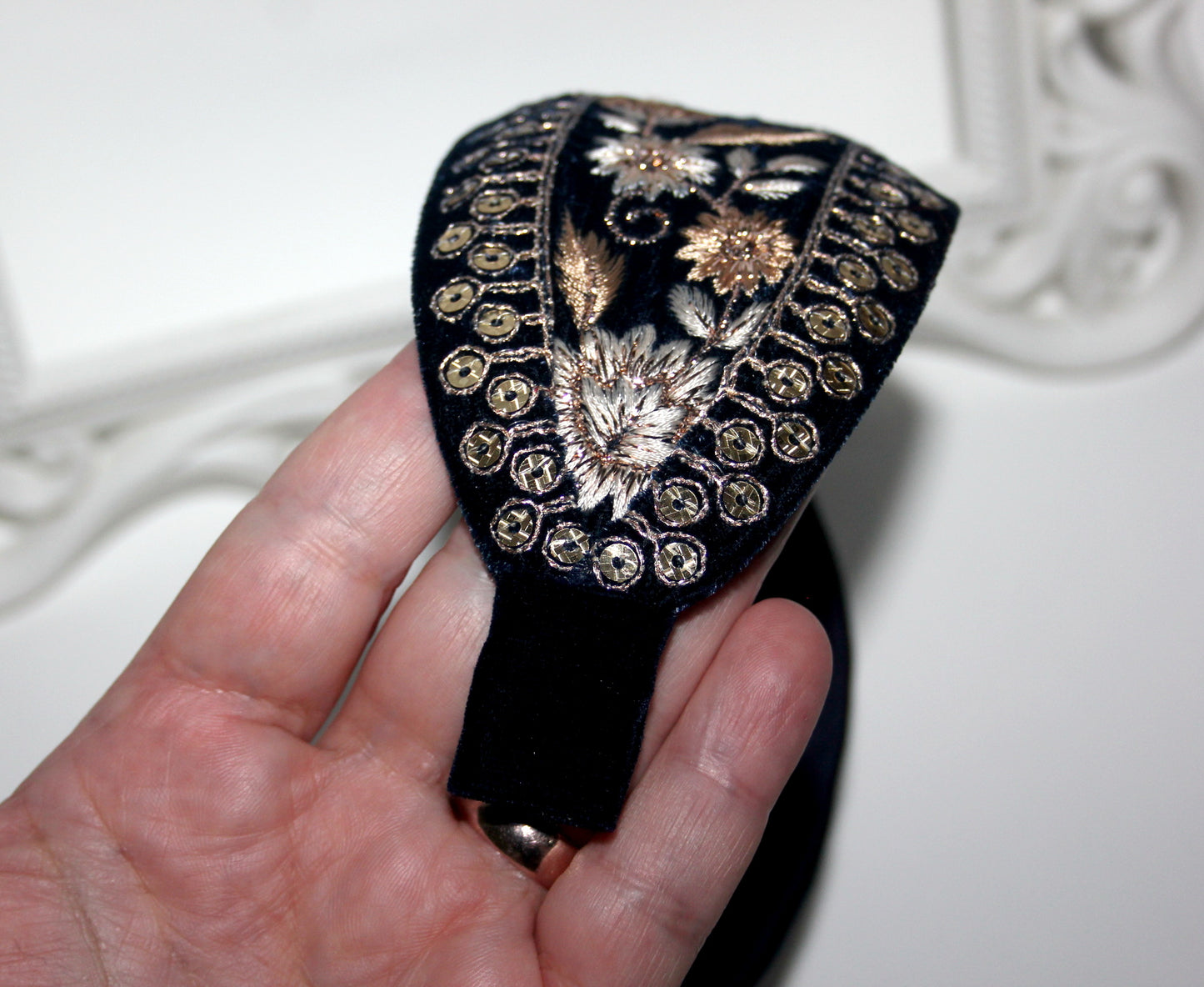 Embroidered headband 2.75''inch Dark Blue & Gold silk velvet hairband