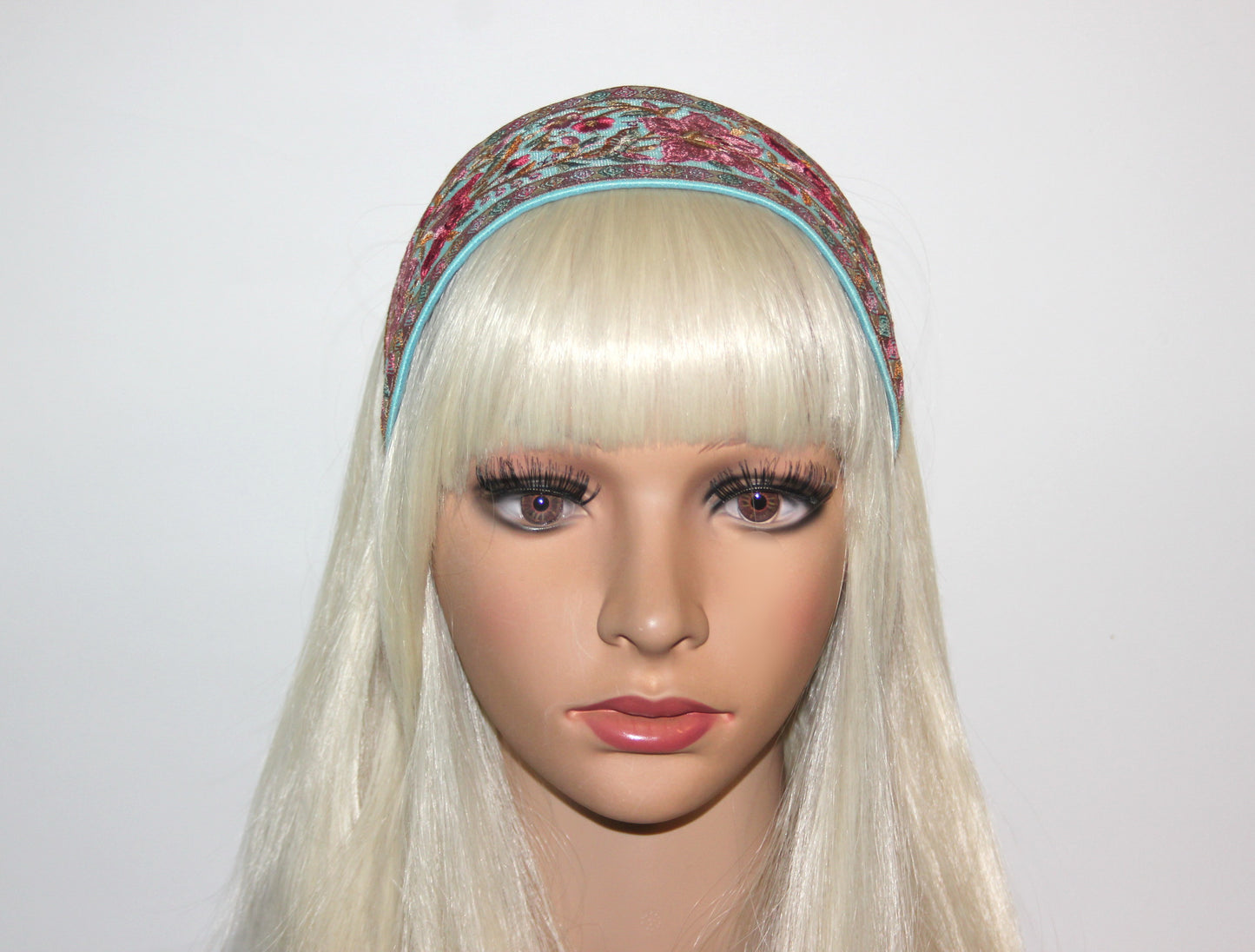Embroidered headband 3.15"inch Aqua Blue & Red Elegant boho head wrap