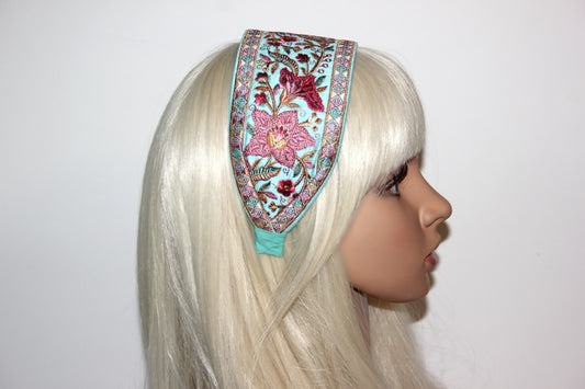 Embroidered headband 3.15"inch Aqua Blue & Red Elegant boho head wrap