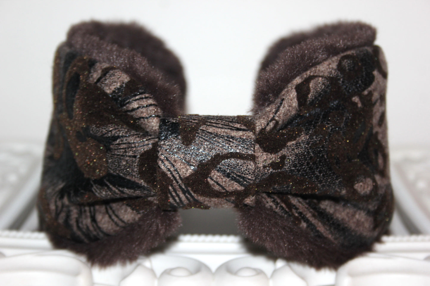 Dark Brown earmuff Women ear warmer Flocked/flece/patent abstract pattern fabric, faux fur fluffy ear muff skiing headphones running earmuff