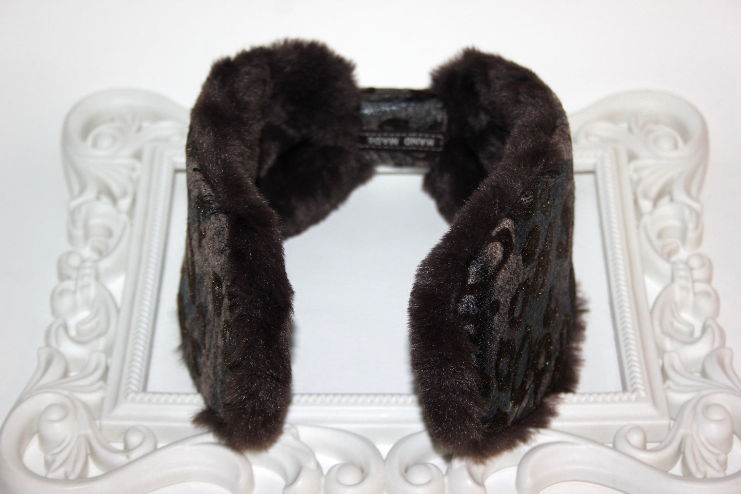 Dark Brown earmuff Women ear warmer Flocked/flece/patent abstract pattern fabric, faux fur fluffy ear muff skiing headphones running earmuff