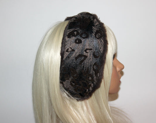Dark Brown earmuff Women ear warmer Flocked/flece/patent abstract pattern fabric, faux fur fluffy ear muff skiing headphones running earmuff