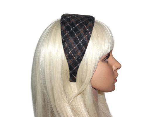 Soft plaid headband Black/Brown/White/Gray wool tartan hairband for women, plastic free