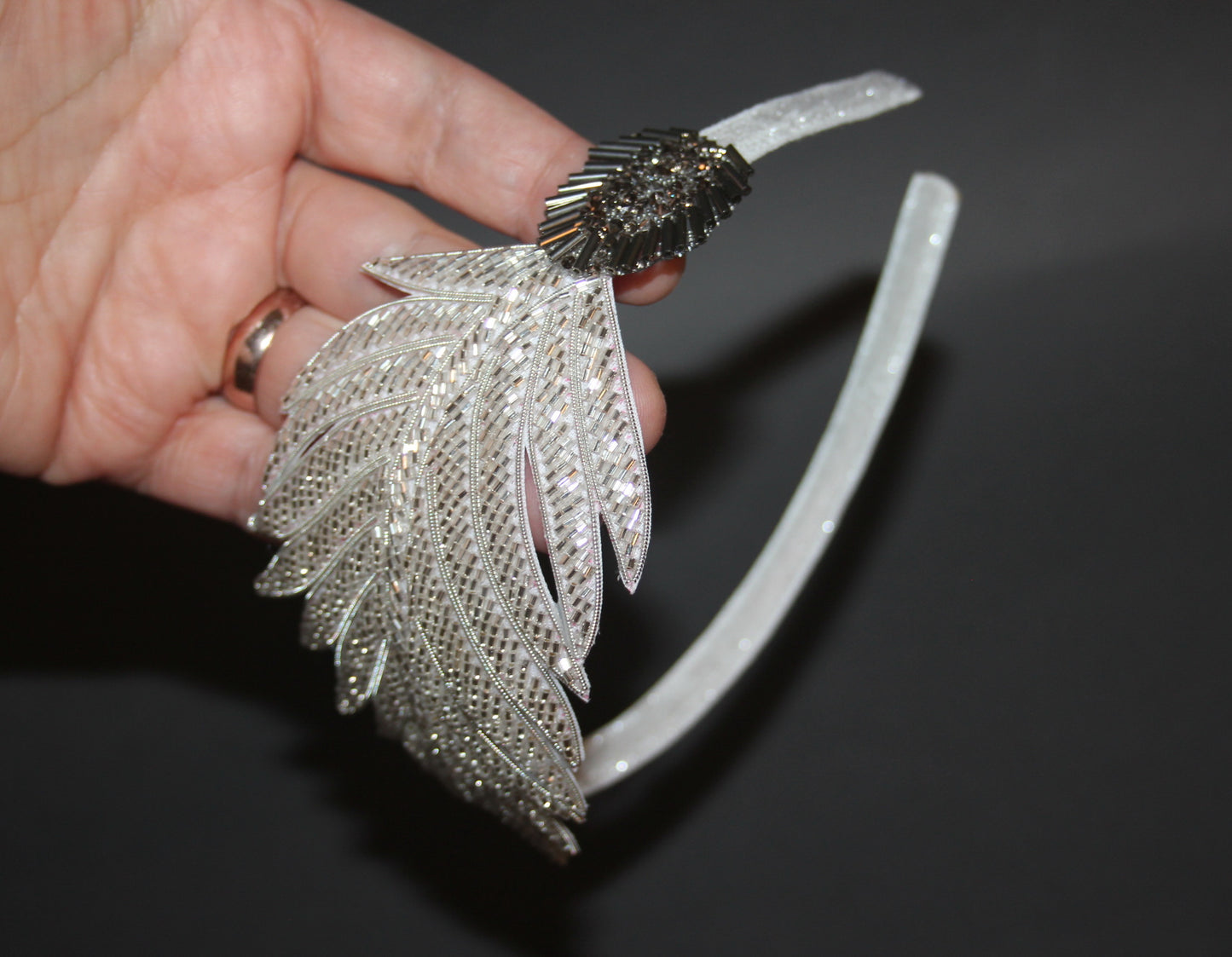 Silver beaded feather fascinator Women bridesmaid headband
