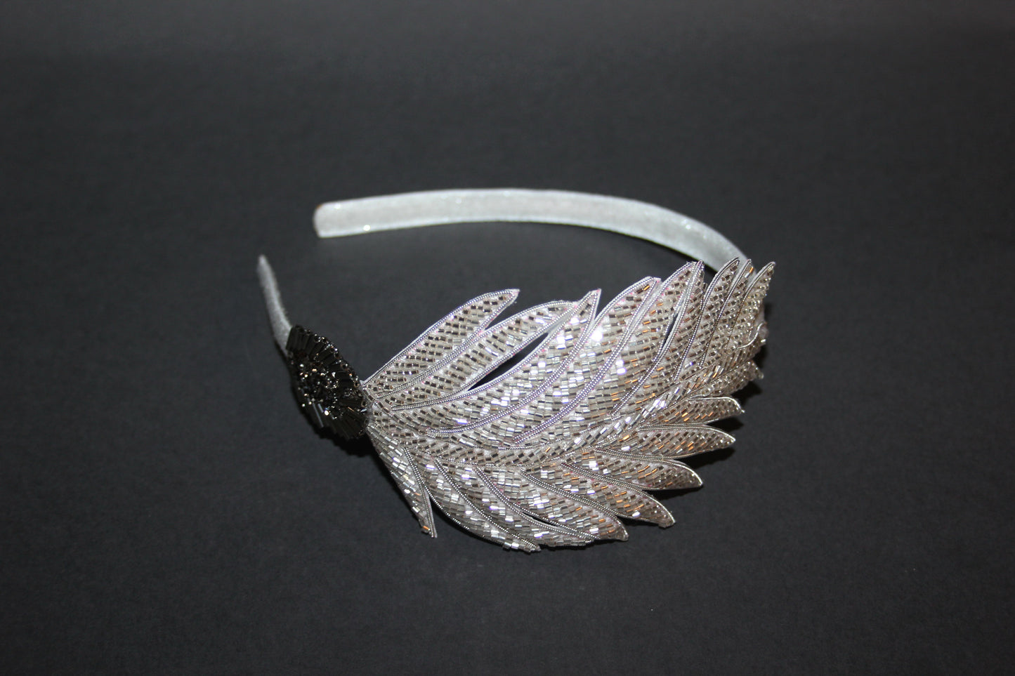 Silver beaded feather fascinator Women bridesmaid headband