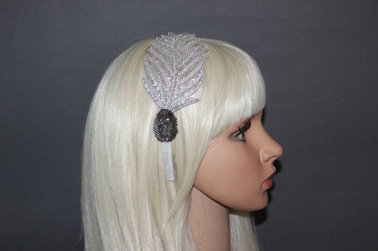 Silver beaded feather fascinator Women bridesmaid headband