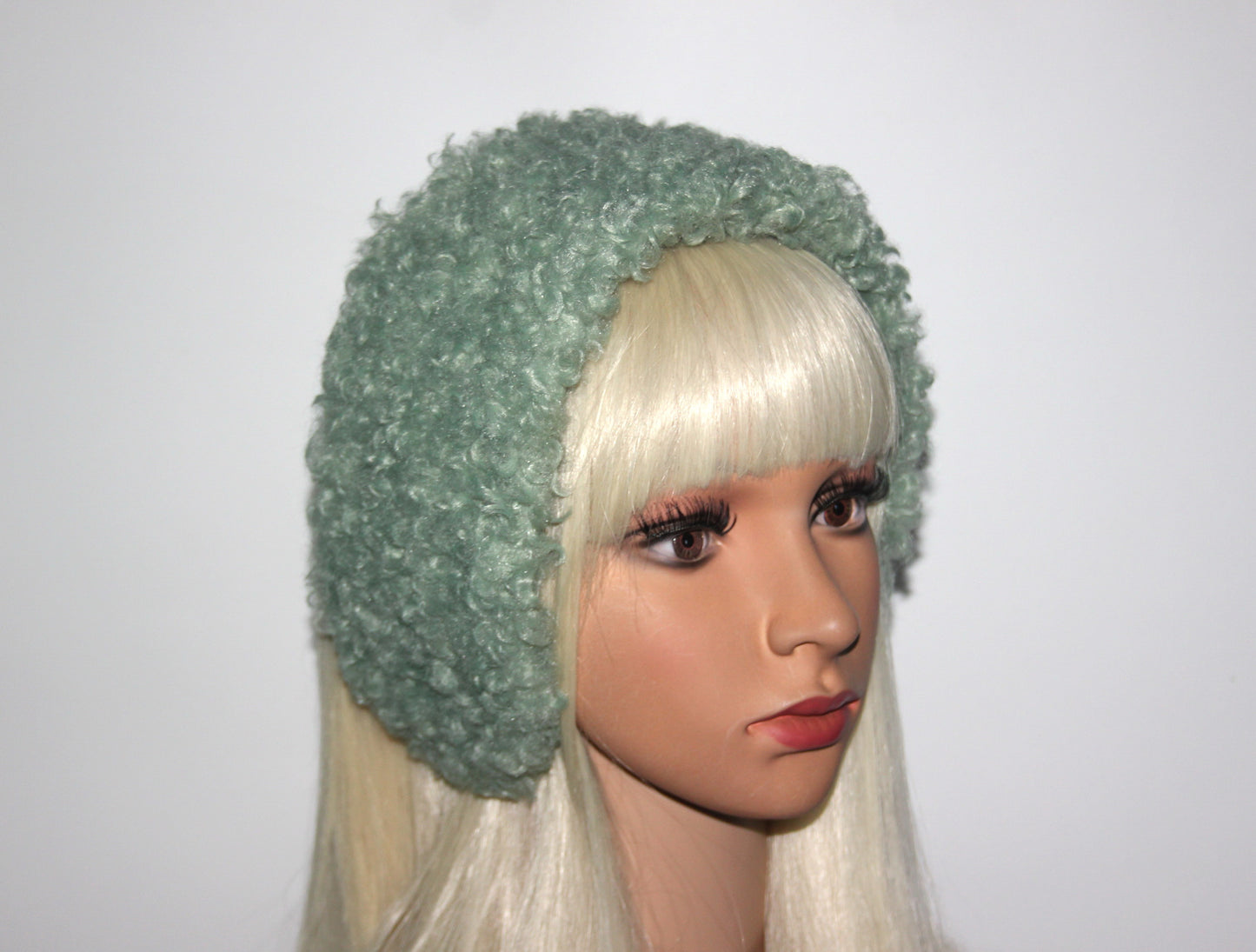 Apple Green curly earmuffs Rabbit faux fur headband turban Skiing headphones for women