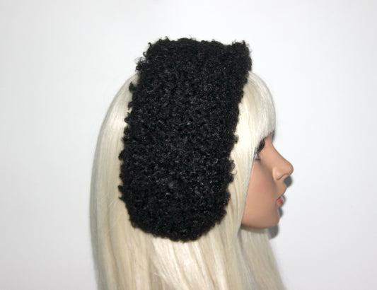 Black curly earmuffs Rabbit faux fur headband turban Skiing headphones for women