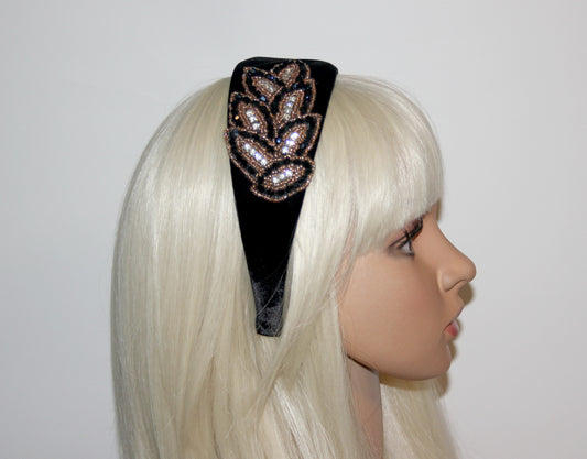 Luxury velvet headband 2.35" inch Black & Gold glass beads embroidery applique head scarf